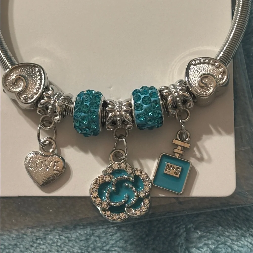Silver and Teal Charm Bracelet